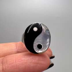 Sterling Silver 925 Yin Yang Ring Mother of Pearl Black Agate Balance Jewelry