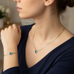 14K Yellow Gold Evil Eye Necklace Bracelet Jewelry Set Snake Chain Turquoise Protection