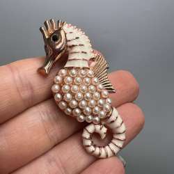 Vintage Seahorse Brooch Gold Tone Pearl Enamel Pin Nautical Jewelry Gift for Her