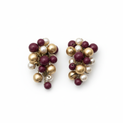 Handmade Cluster Earrings Gold Burgundy Beads Unique Artistic Design