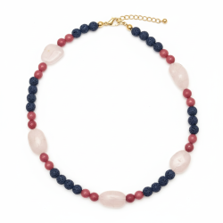 Handmade Blue Lava & Pink Rose Quartz Gemstone Beaded Necklace for Women