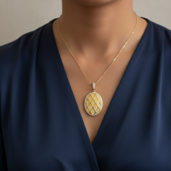 14K Yellow Gold Oval Quilted Pendant with zarcon & Pavé Bail