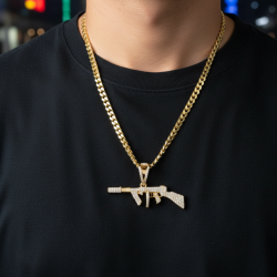 14K Yellow Gold AK47 Pendant Iced Zircon Gun Charm Hip Hop Urban Mens Womens Jewelry