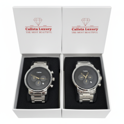 Calista Luxury Men's Watch Set Black Silver Chronograph Stainless Steel Gift