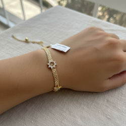 Izes Jewelry 14K Yellow Gold Triple Layer Charm Bracelet | Zircon Pave Heart Star Starfish Women's Fine