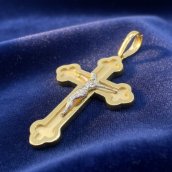 14K Two Tone Gold Crucifix Pendant Jesus Christ Clover Cross Fine Jewelry Gift