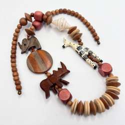 Handmade African Wood Beads Necklace Animals Giraffe Rhino Elephant Vintage 77cm