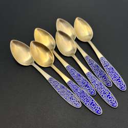 Soviet 875 Gilt Silver Enamel Tea Spoons Set 6pcs Vintage USSR Boxed Collectible