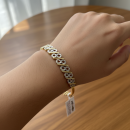 14K Yellow White Gold Two-Tone Bangle Bracelet Diamond Cut Textured Women's