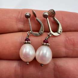 Vintage Sterling Silver 925 Clip-On Earrings Natural Pearl Drops  & Ruby Beads