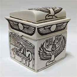 Egyptian canopic jar set in engraved box pharaonic art, hieroglyphic collectible