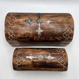 Vintage Carved Wooden Jewelry Boxes Set Handmade Hardwood Cross Inlay Decor