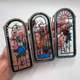 Vintage Stained Glass Suncatcher Set Hand Painted Floral Hanging Panels Decor