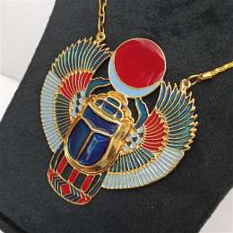 Handmade Egyptian scarab necklace with wings red sun disc blue enamel gold tone