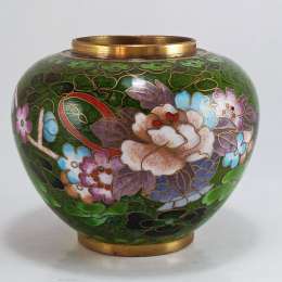 VTG Rare Chinese Cloisonné Brass Jar Vase Green Enamel Pink Blue Flowers Mini