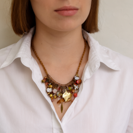Handmade Rope Necklace Boho Chic Artisan Jewelry w/Faux Pearl-Crystal Leaf Charm