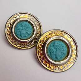 Huge Vintage Italian 800 Silver Cameo Earrings Gold Plated Turquoise Paste 1970s