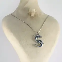 Vintage Silver-Plated Dolphin Pendant Entwined Brass Charm Necklace 16.5
