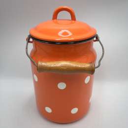 Vintage USSR Red Polka Dot Enamel Milk Can Jug with Lid & Wooden Handle Decor