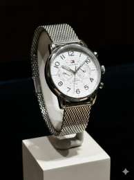 Tommy Hilfiger Men's Silver Mesh Strap Watch White Dial Classic Elegant Style