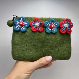 Handmade Green Felt Wool Coin Purse Floral Zip Pouch Nepal Boho Gift Cute Girl