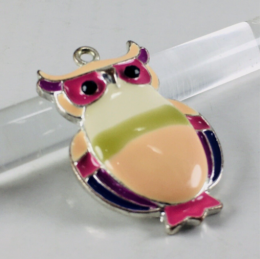 Multicolor Enamel Owl Pendant Silver-Tone Charm with Black Rhinestone Eyes Hand