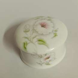 Vintage Porcelain Trinket Box Round Floral Jewelry Case -White with Pink Flowers