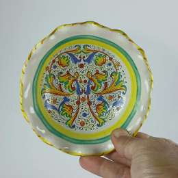 Vintage Meridiana Italian Ruffle Bowl Hand-Painted Dragon Rose Dish Signed Mid-C