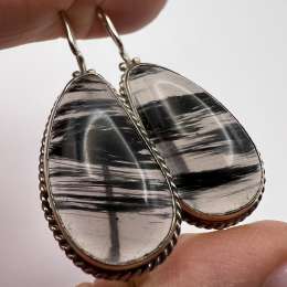 Vintage Sterling Silver 925 Drop Earrings Black Rutilated Quartz Teardrop Design