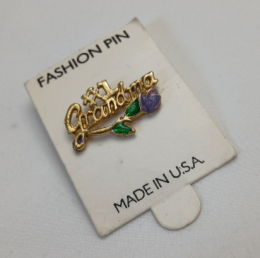Vintage Signed GSC #1 Grandma Gold-Tone Enamel Pin Purple Rose/Green Leaves USA
