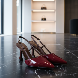 Women's Pointed Toe High Heels Slingback Buckle Thin Stilettos Mirror PU Burgund