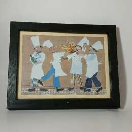 Lizbeth Holstein Chefs Collage Framed Glazed Wood Whimsical Signed Art USA