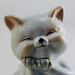 Vintage Hathaway Porcelain Cat Figurine Joyful Pose Pastel Gray Pink Collectible