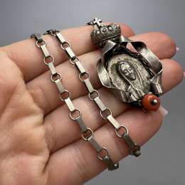 Vintage Italian Silver Madonna Pendant Icon Necklace Natural Coral Bead 1970s