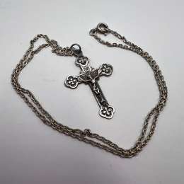 Vintage French 800 Silver Crucifix Cross Pendant w/ Chain Marked 38cm Religious