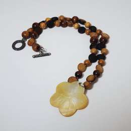 Boho Wooden Beaded Necklace with Hand-Carved Mother of Pearl Flower Pendant 9”