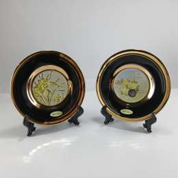 Vintage black gold Chokin porcelain plate set 24K Gold Rim Birds Blossoms Japan