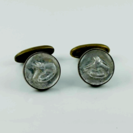 Vintage 1950s Mens Cufflinks Horse Engraved Mother of Pearl Copper Tone Round