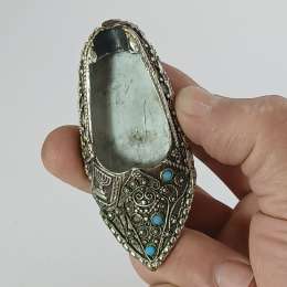 VTG Rare Silver Slipper Ashtray Turquoise Accents Signed Engraved Menorah Relief