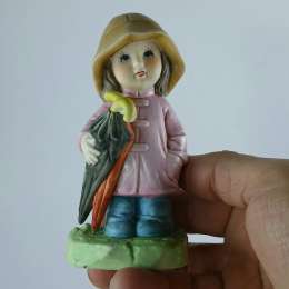 Vintage Rain Girl Figurine Pink Raincoat Umbrella 1960s Ceramic Pastel Colors