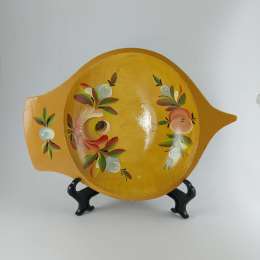 Vintage Russian Hand-Painted Wooden Bowl Karelian Souvenirs 80s Majolica FolkArt
