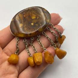 Vintage Soviet Baltic Amber Dangle Brooch USSR Fringe Chains 21.8g
