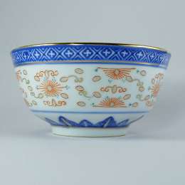 Vintage Chinese Porcelain Dragon Bowl & Spoon Imperial Blue Gold Rim Translucent