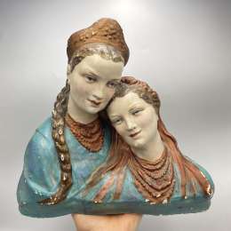 Vintage Handmade Gypsum Sculpture Sisters Ukrainian Folk Art Home Decor