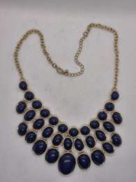 Gold Tone Statement Necklace – Navy Blue Oval Cabochons – Layered Vintage Style