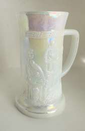Vintage WHITE MILK GLASS Beer Mug Stein w/ Federal Men Bar Scene *Opalescent* 19