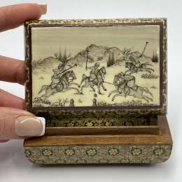 Vintage Persian Hand Painted Mosaic Trinket Jewelry Box Polo Horsemen Scene