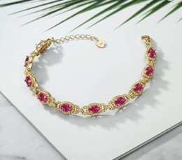 18K Gold Plated Tennis Bracelet with Oval Red Created Rubies, 925 Silver
