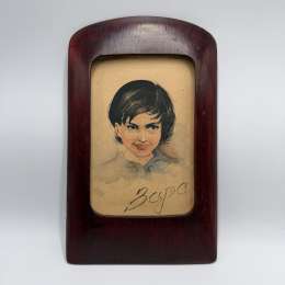 Vintage 1963 Wooden Photo Frame with Hand Painted Portrait Soviet Era Art Decor