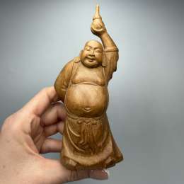 Vintage Hand Carved Wooden Laughing Buddha Hotei Figurine Symbol of Happiness